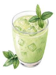 Refreshing green mint iced drink in glass, watercolor style illustration