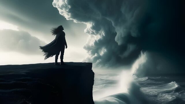 Silhouetted figure faces explosive windstorm