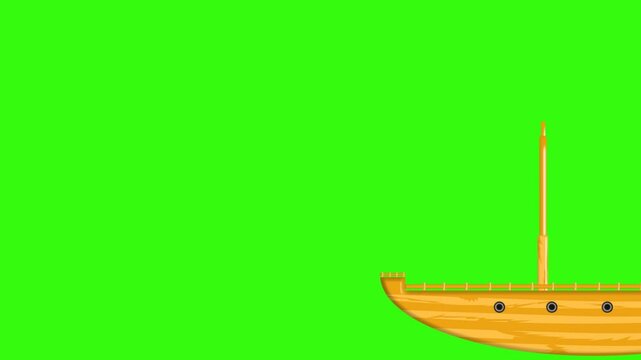 wooden ship miniature moving slowly on green screen