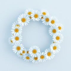 Fototapeta premium Pastel Blue Background Daisies Circle Wreath Floral Design Element chamomile flowers