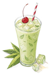 Refreshing Iced Matcha Latte with Cherry Garnish, Watercolor Style
