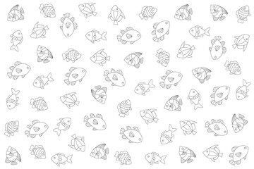 Tropical fish coloring page with hand-drawn underwater animals. Ocean-themed vector illustration for kids activities and marine life fun.