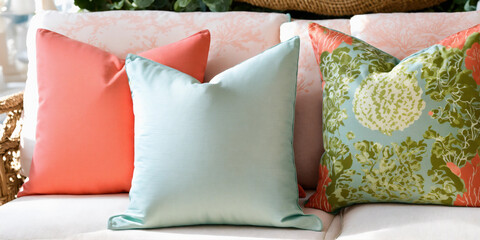 an assortment of luxurious refined decorative pillows in a soothing palette of whites, soft blues and natural beiges. texture of pillows in silk, linen, chenille and cotton.