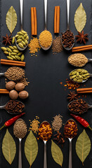 Spices in spoons arranged in frame on dark surface, creating a blank space ideal for text or logo, showcasing culinary theme
