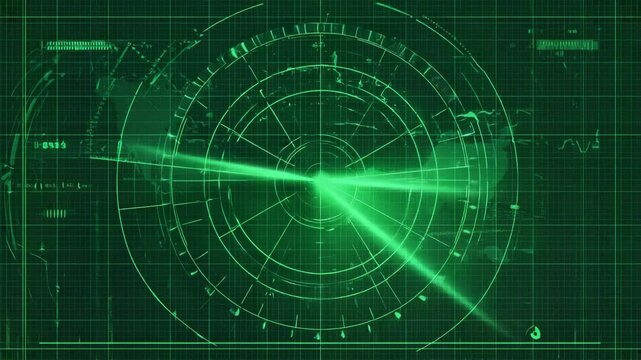 High-tech green radar screen animation scanning a global grid for objects, targets, or activity in a futuristic interface design.