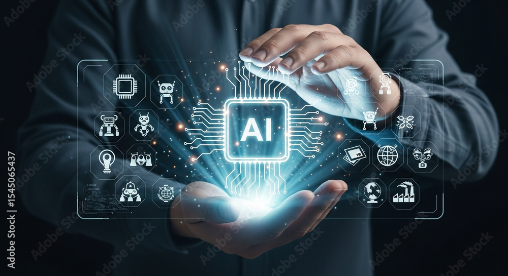 Poster a person holding a glowing ai chip with various technology icons surrounding it in a dark setting