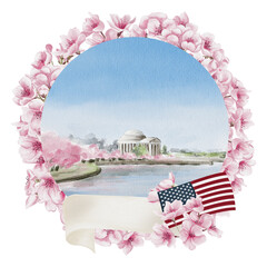 Cherry Blossom Festival in Washington DC. Jefferson Memorial during sakura.Lake with pink trees in the background. Postcard or template background. Watercolor illustration. Hand drawing.