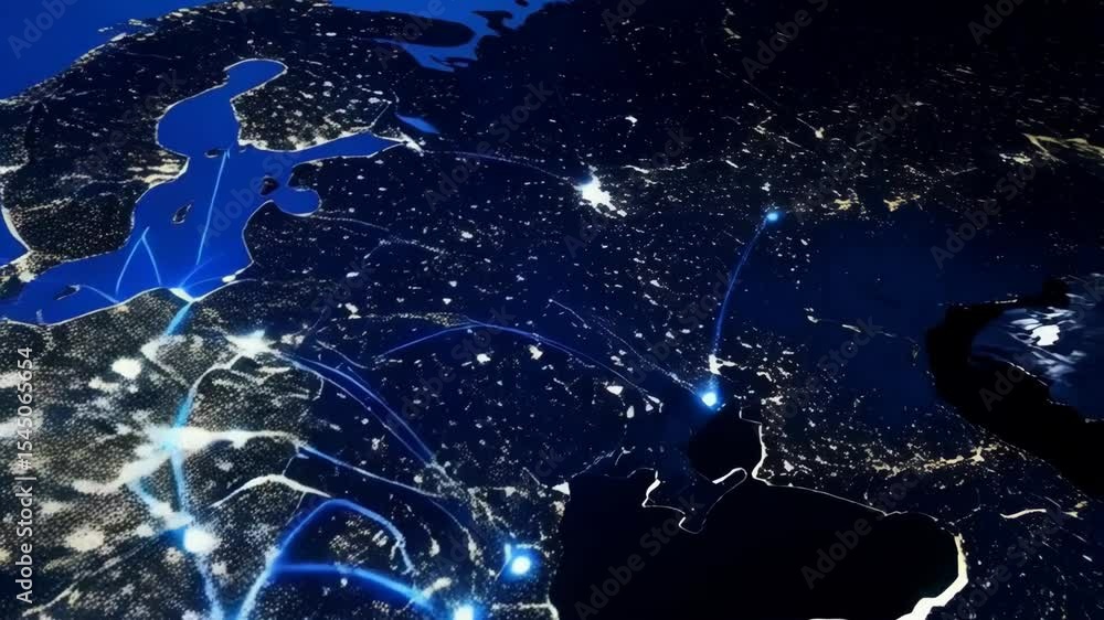 Poster connected europe continent map with illuminated cities and glowing data lines illustrating network, 