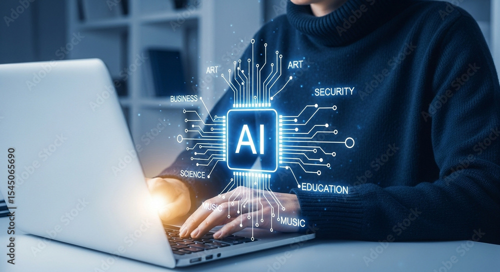 Poster person using laptop with ai graphic overlay showing art business science and education concepts