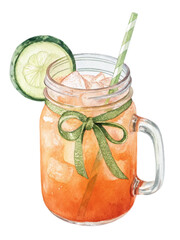 Refreshing iced tea in mason jar with cucumber and green ribbon