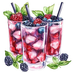 Ice-cold Berry Drinks Mint, watercolor clipart vector, isolated on a white background.