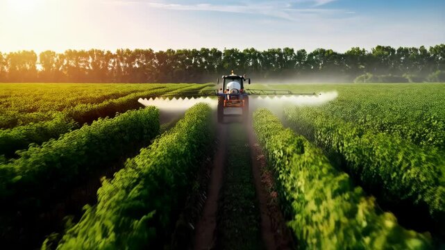Agricultural machine sprays pesticide in field, applying fertilizer on green crops for sustainable farming and healthy food production.