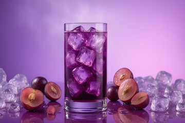 Refreshing white grape juice with large ice cubes in a highball glass, placed on a reflective surface, surrounded by scattered ice cubes and halved white grapes, with glossy reflections and a sage to 
