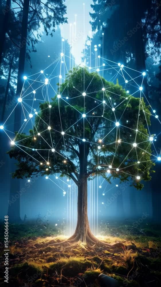 Poster lone tree in a dark forest connected by glowing network lines symbolizes digital connectivity and ec