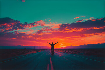 Silhouette of a cyclist riding down an empty desert highway into a vivid red and teal sunset sky framed by mountains.