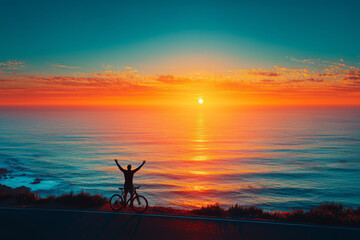 Silhouette of a cyclist raising arms in joy on a cliffside road, watching the vibrant ocean sunset with golden reflections.
