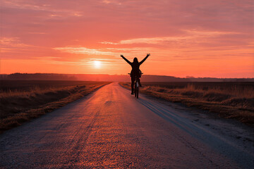 A lone cyclist rides with arms up toward the rising sun along an empty country road, surrounded by tranquil fields.
