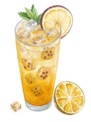 Refreshing iced passion fruit drink with lemon and mint garnish