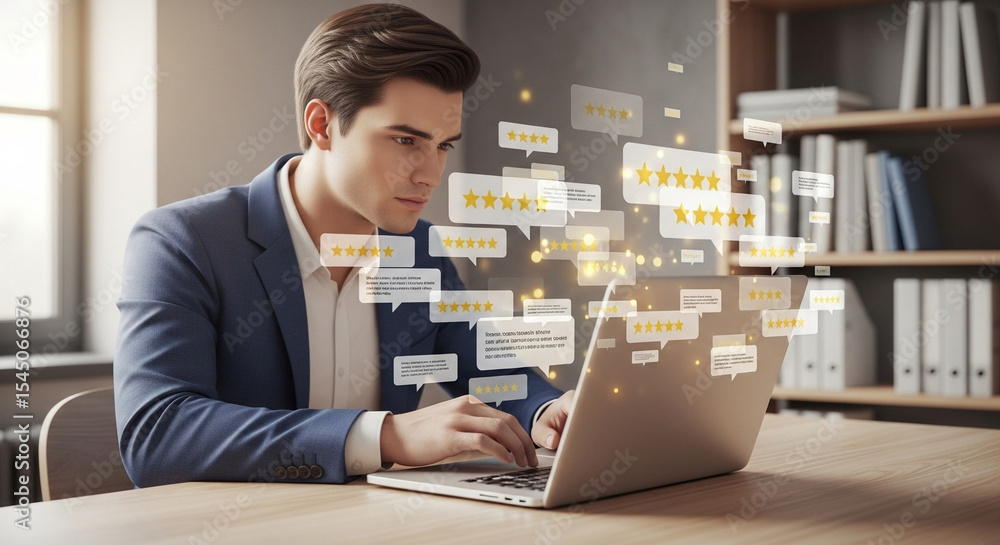 Poster Man in suit working on laptop surrounded by floating customer review speech bubbles with star ratings