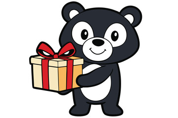 Cartoon gray bear joyfully presents a wrapped gift topped with a red bow