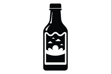 Stylized Black Bottle Silhouette with Clouds and Mountain Design on the Label