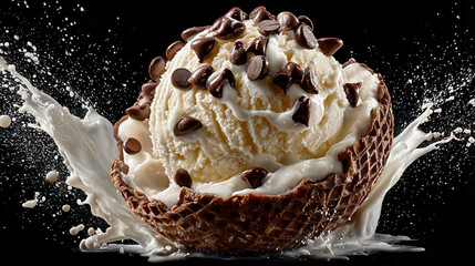 Vanilla ice cream with chocolate chips splashes inside a waffle cone bowl, surrounded by milk droplets and frozen motion.