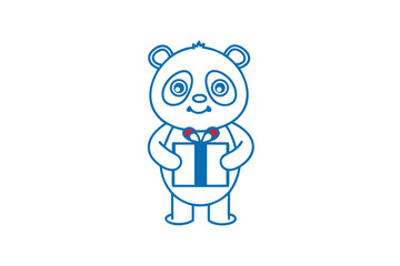 Blue lined panda is holding a white present box with cute facial expression