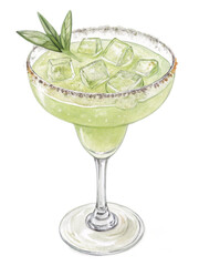 Refreshing lime margarita cocktail in a glass with ice and mint