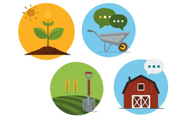 Agriculture and Farming Flat Icons Set, flat design icons representing various aspects of agriculture and farming. These include a growing plant under the sun, a wheelbarrow with chat bubbles 