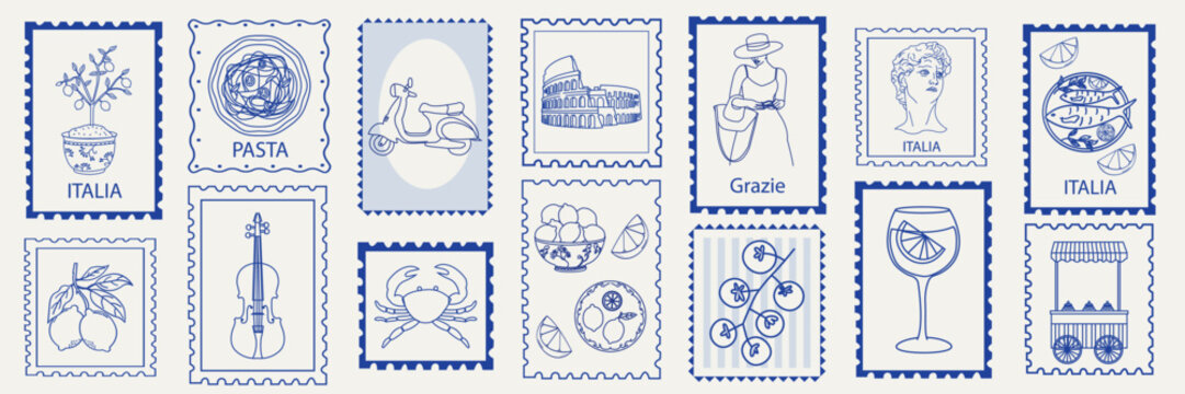 Hand drawn Italy postcard stamps. Italian travel elements. Vector doodle sketch illustration. Retro Italy sea vacation