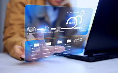 developer is working on laptop to devops software development IT operation work with agile...