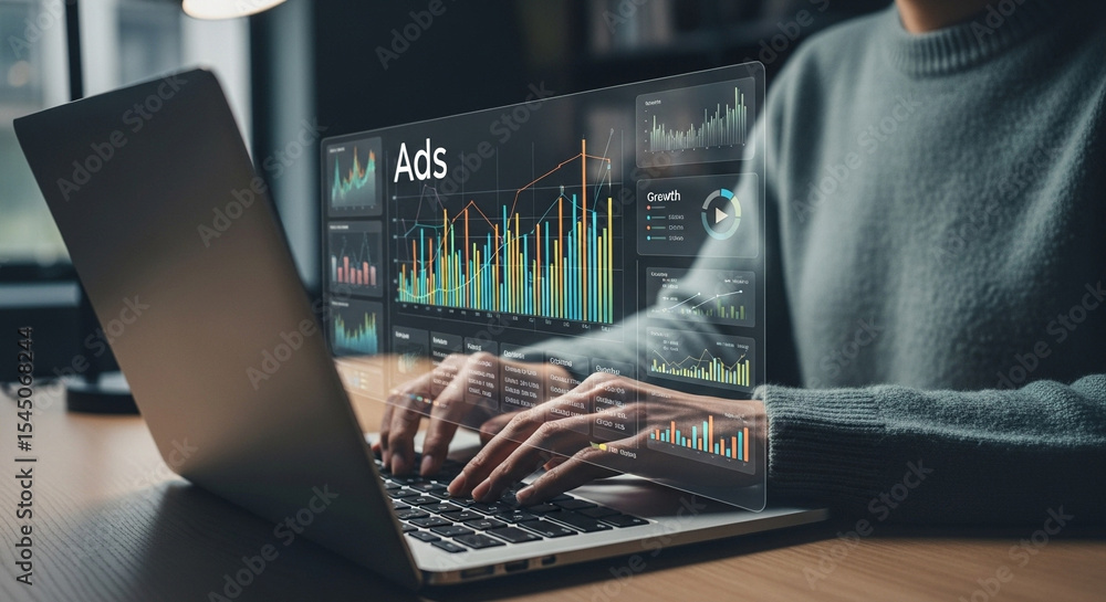 Poster person typing on a laptop with ads and growth charts displayed on the screen overlaying the laptop