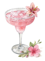 Pink cocktail margarita with ice and sugared rim garnished with pink lilies