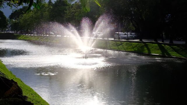 A fountain is spraying water into the air. The water is reflecting the sunlight, creating a beautiful and serene atmosphere
