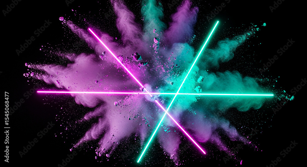 Poster vibrant pink and teal powder explosion with neon light intersecting, creating dynamic, abstract art 