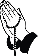 Praying hands with rosary beads. Vector illustration.
