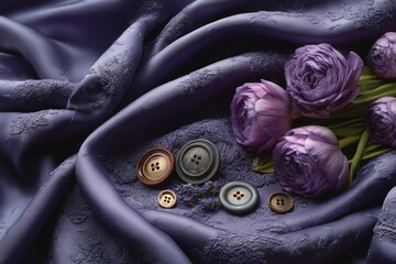Soft lavender fabric draped with flowers and buttons creating a stylish arrangement for a sewing project