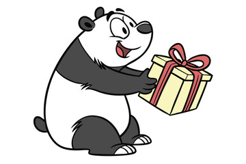 Cartoon panda bear joyfully presents a creamcolored birthday gift with a red bow