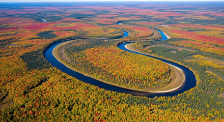 Aerial View of a Meandering River Through Autumnal Forest