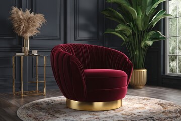 Luxurious velvet armchair in an elegant living room with gold accents and greenery