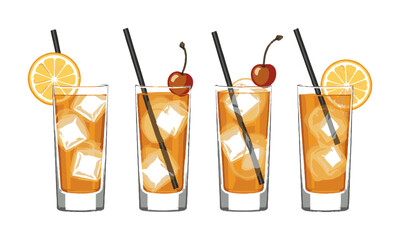 Modern vector illustration of cocktail glasses evenly spaced in a horizontal layout, lemon slices, maraschino cherries, and foam in short glasses