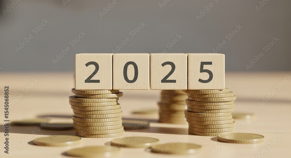 Poster The year two thousand twenty five spelled out on blocks supported by stacks of gold coins on a table