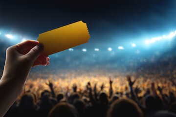 Crowd cheers as concert ticket raised high in excitement at night event