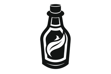 Black Silhouette of Elegant Glass Bottle with Leaf Design on the Label