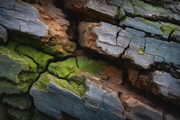 Detailed close-up of cracked wood texture with green moss revealing nature's intricate patterns in an outdoor environment