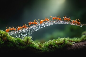 Ants demonstrate teamwork while crossing a water droplet bridge in a lush forest setting during sunlight