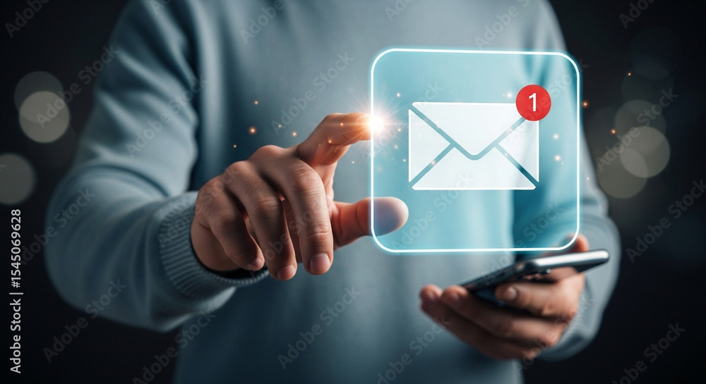 Aufkleber person interacting with a digital email notification on a transparent screen with a mobile phone