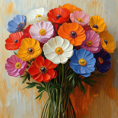 A bright bouquet of flowers, made in the style of oil painting on canvas. 