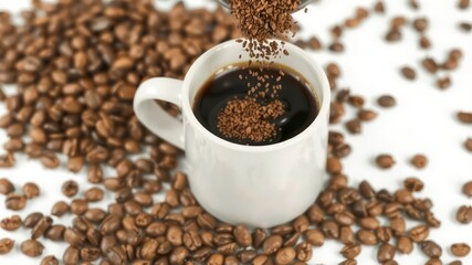 Obraz premium Adding granulated beverage to a steaming cup of black beverage surrounded by roasted beans on a plain background