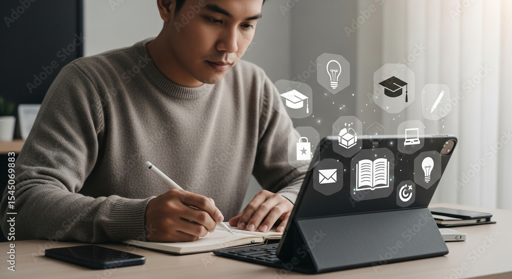 Aufkleber Man studying with tablet and writing in notebook surrounded by digital learning icons on the screen